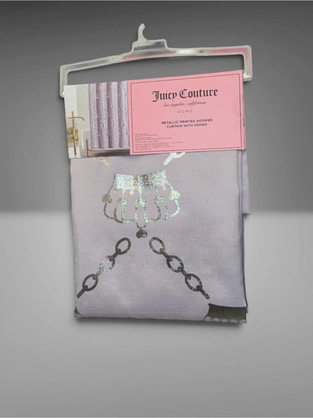 Juicy Couture Silver Metallic Printed Shower Curtain with Crown Motif